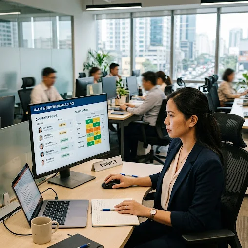 Recruiter in a Manila office reviewing a candidate pipeline and skills matrix on a large monitor