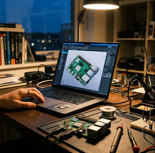 Laptop rendering a 3D Raspberry Pi 5 with the real board on the desk in front of it