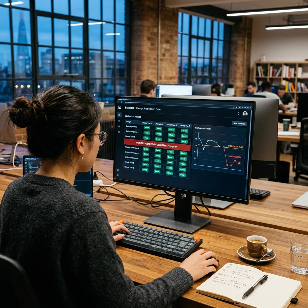 Software engineer at an industrial desk reviewing a dark-mode prompt evaluation matrix with green PASS badges and an orange 0.90 threshold line