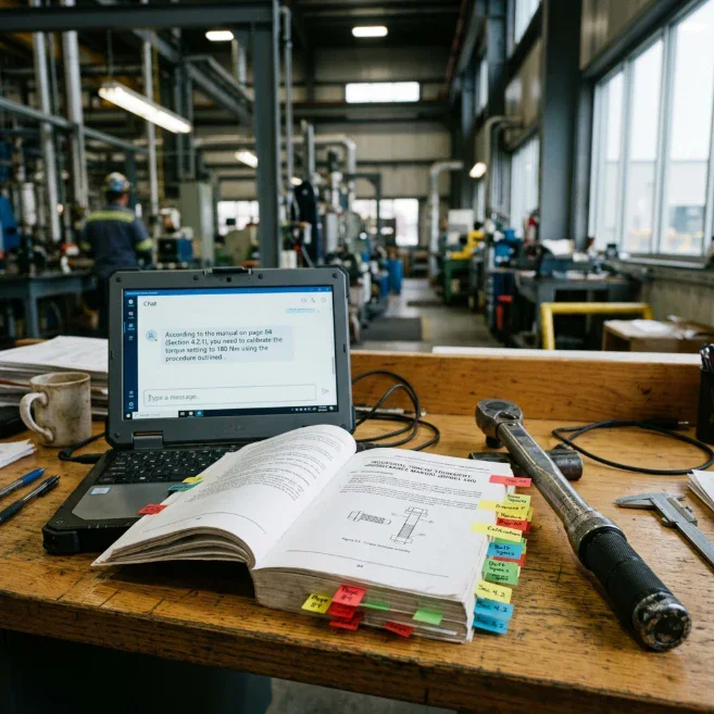 Engineer's bench with a laptop answering from the manual, the open manual full of sticky tabs, and a torque wrench