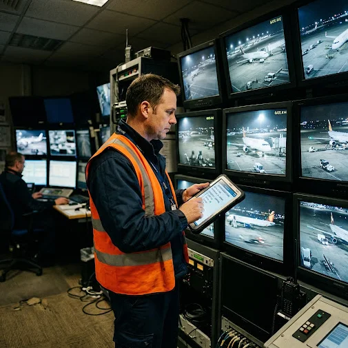 Technician in a reflective vest checking an inspection list on a tablet in front of an apron CCTV wall at night