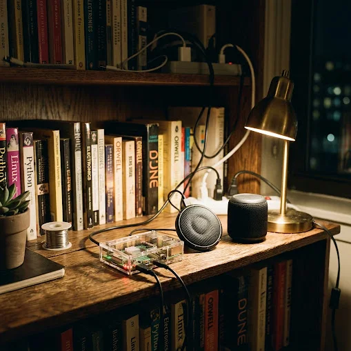 Raspberry Pi in a clear case with a microphone and speaker on a bookshelf under a dimmed desk lamp