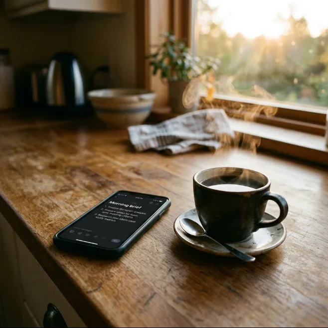 Phone showing the morning brief on a kitchen counter beside a steaming cup of coffee at sunrise