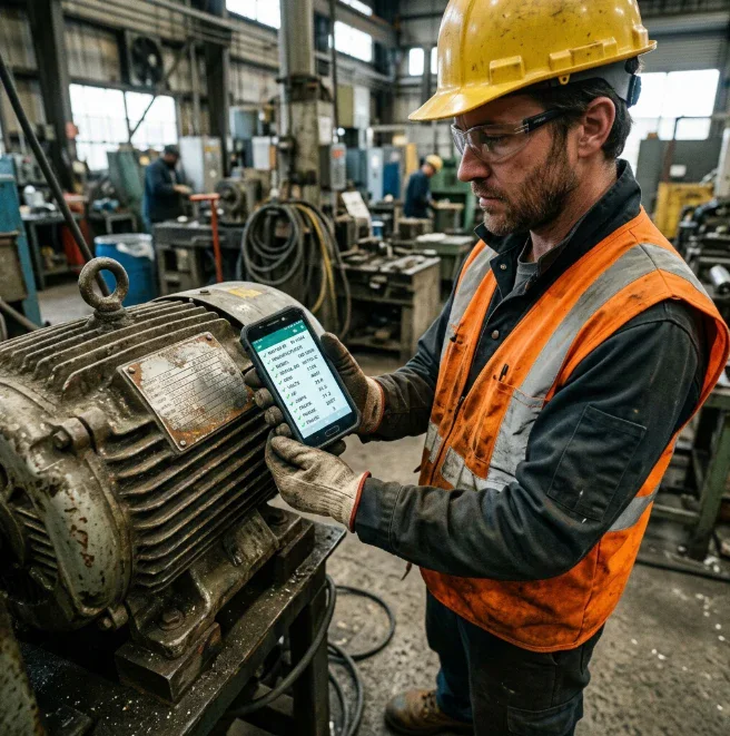 Field engineer in a hi-vis vest pointing a phone at a motor nameplate; the screen lists the extracted fields